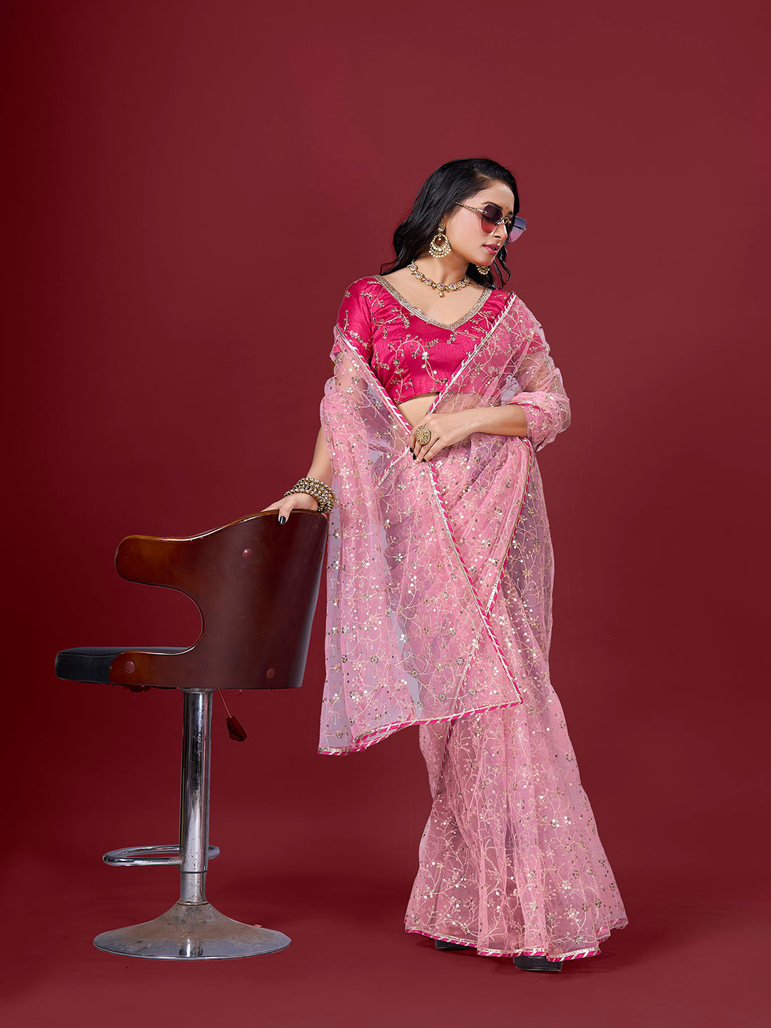Pink Net Saree