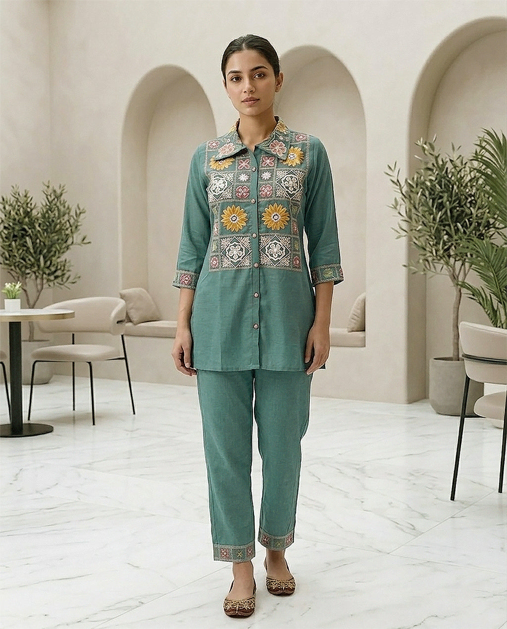 Sky Blue Cotton Embroidery & Moti Work Co-ord Set for Women