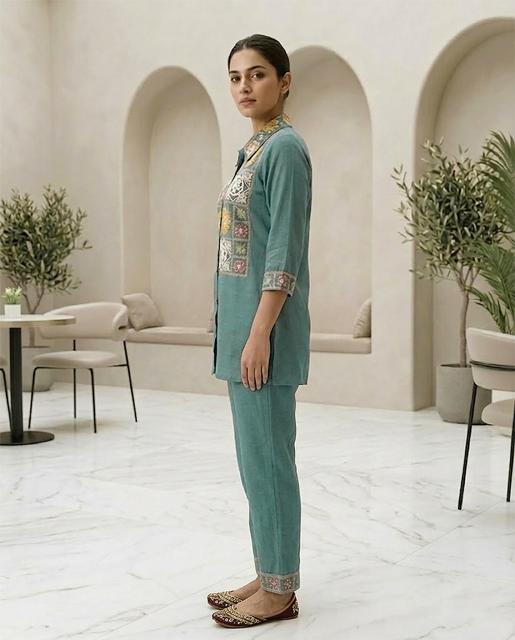 Sky Blue Cotton Embroidery & Moti Work Co-ord Set for Women