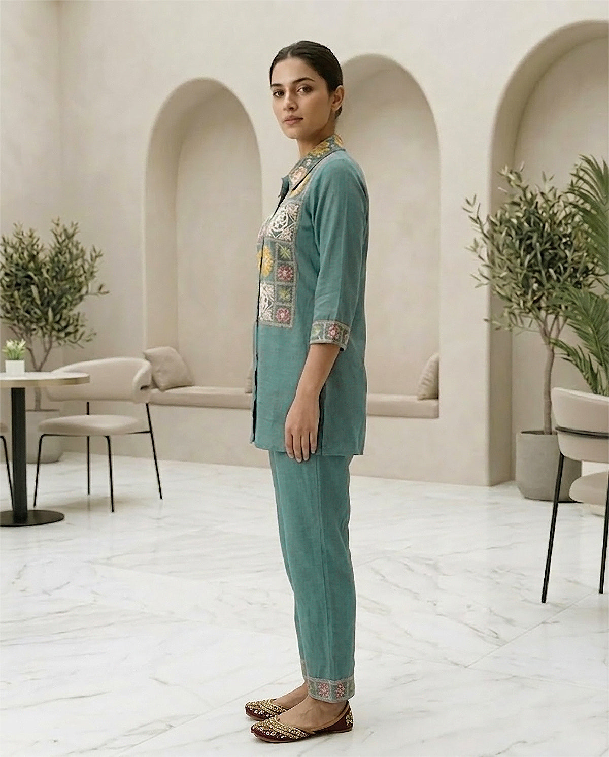 Sky Blue Cotton Embroidery & Moti Work Co-ord Set for Women