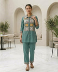 Sky Blue Cotton Embroidery & Moti Work Co-ord Set for Women