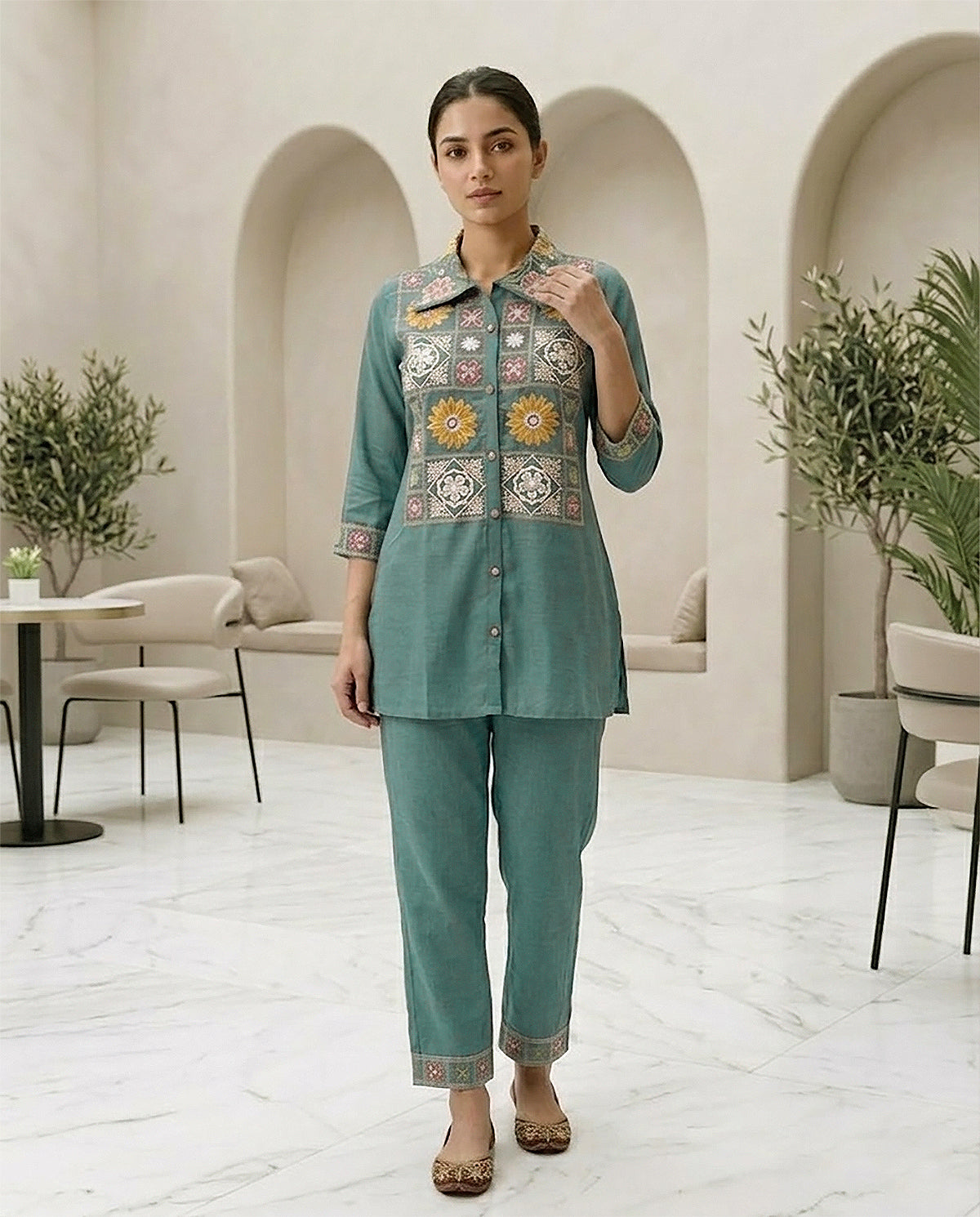 Sky Blue Cotton Embroidery & Moti Work Co-ord Set for Women