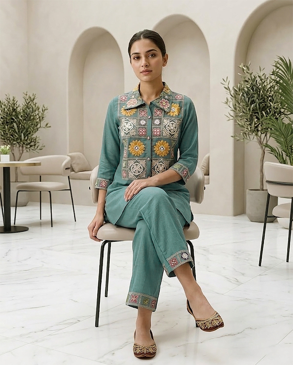 Sky Blue Cotton Embroidery & Moti Work Co-ord Set for Women