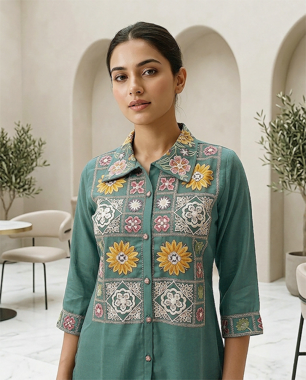Sky Blue Cotton Embroidery & Moti Work Co-ord Set for Women