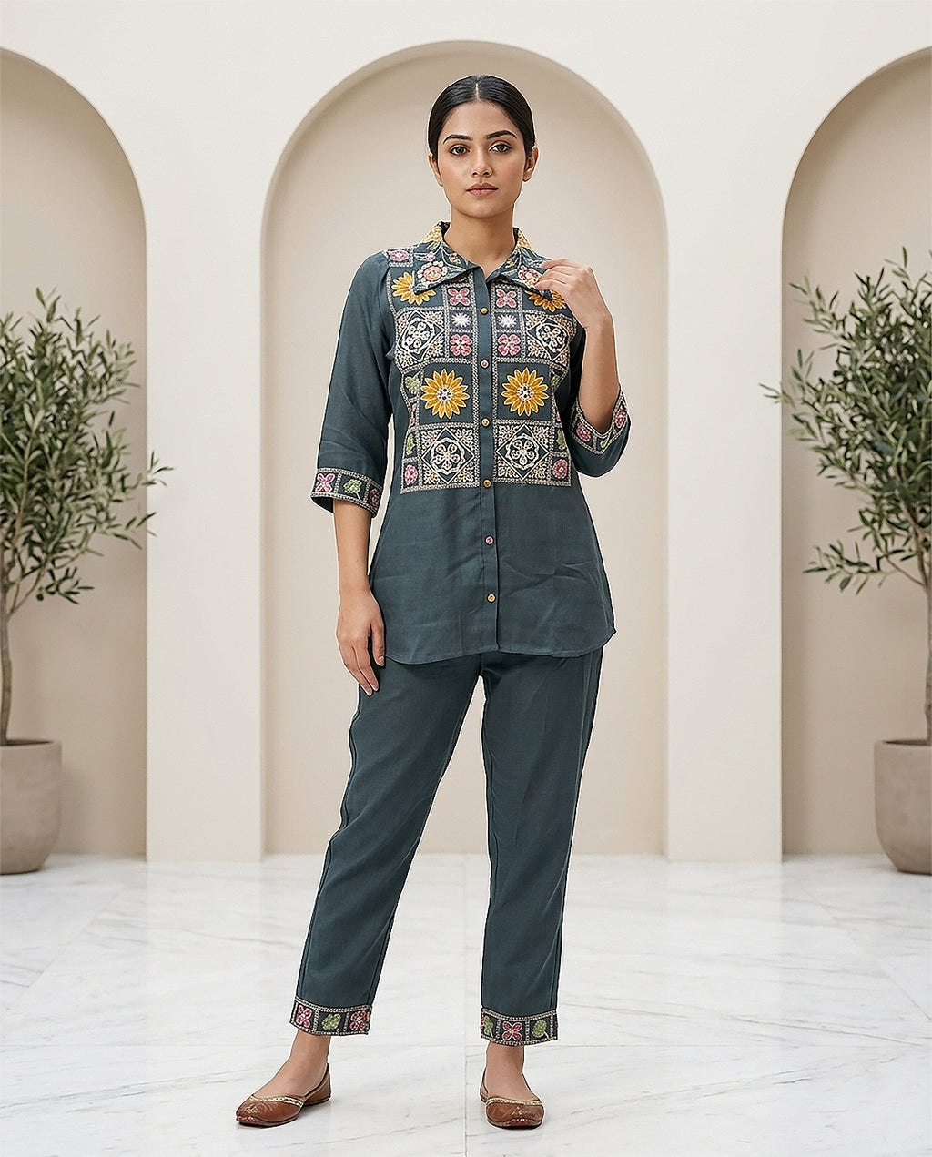 Dark Grey Cotton Embroidery & Moti Work Co-ord Set for Women