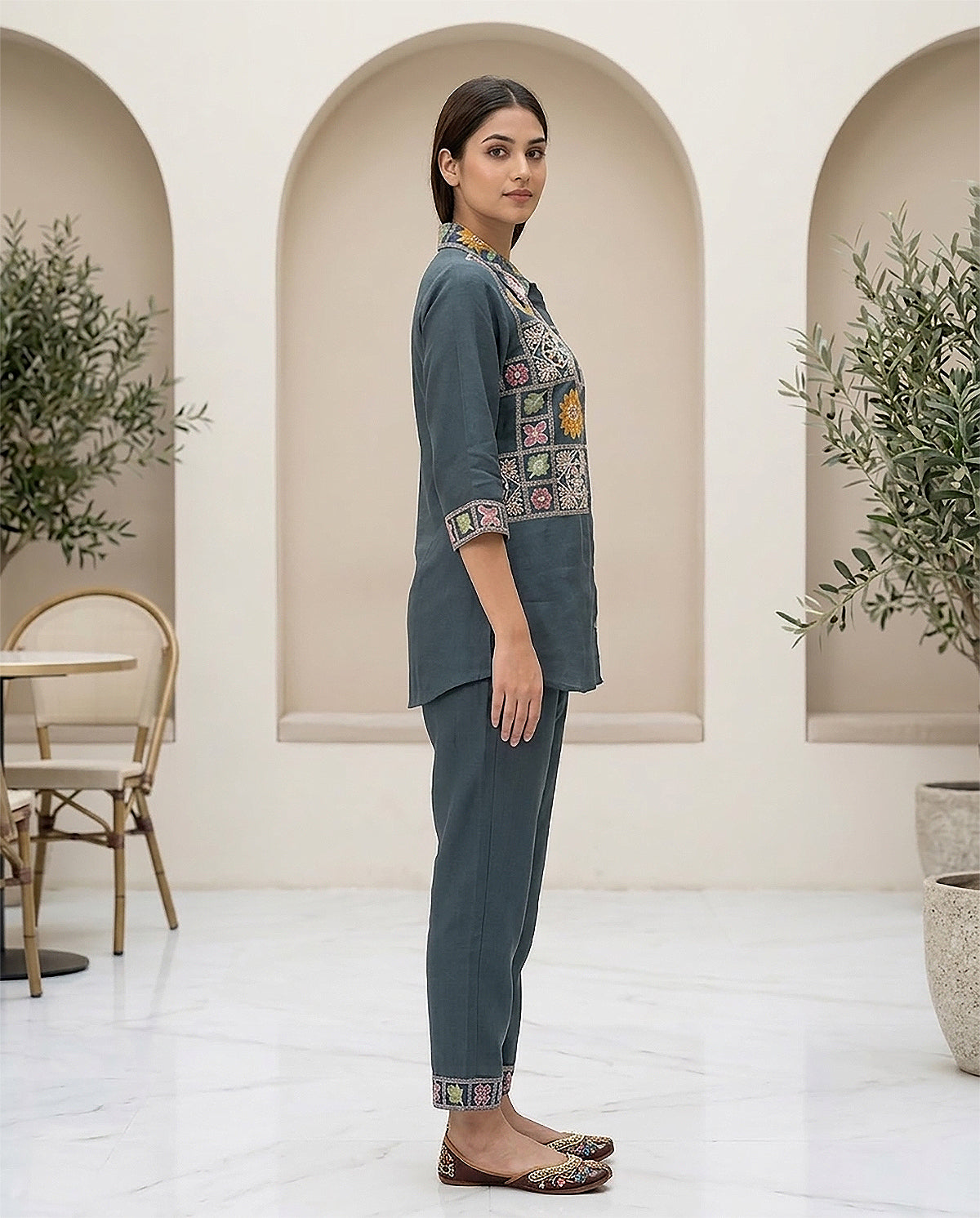 Dark Grey Cotton Embroidery & Moti Work Co-ord Set for Women
