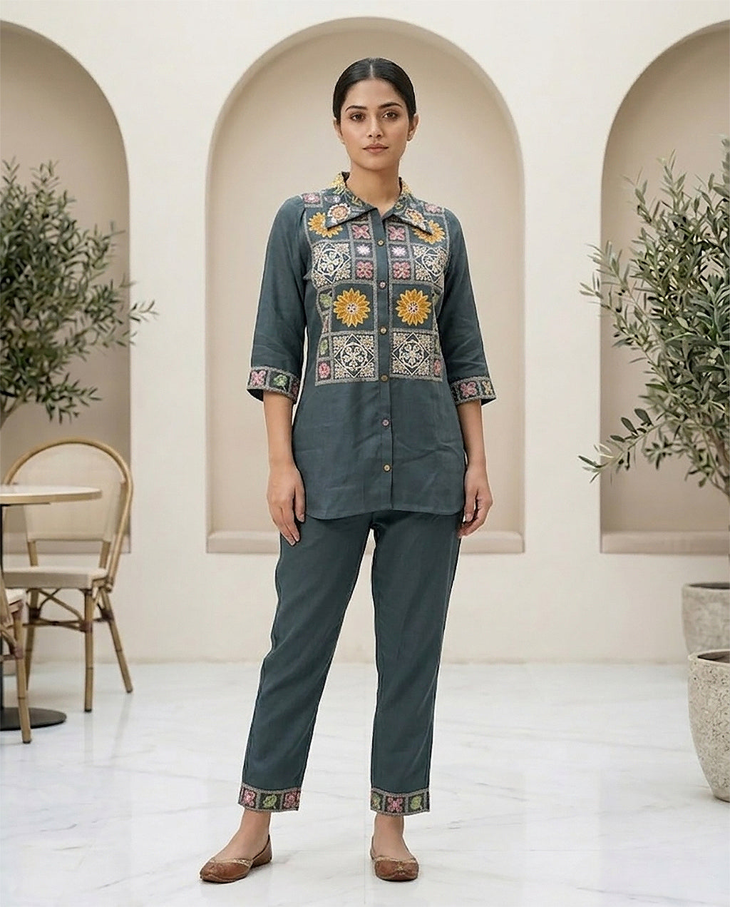Dark Grey Cotton Embroidery & Moti Work Co-ord Set for Women