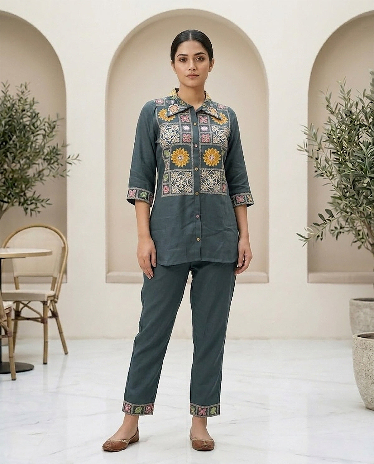 Dark Grey Cotton Embroidery & Moti Work Co-ord Set for Women