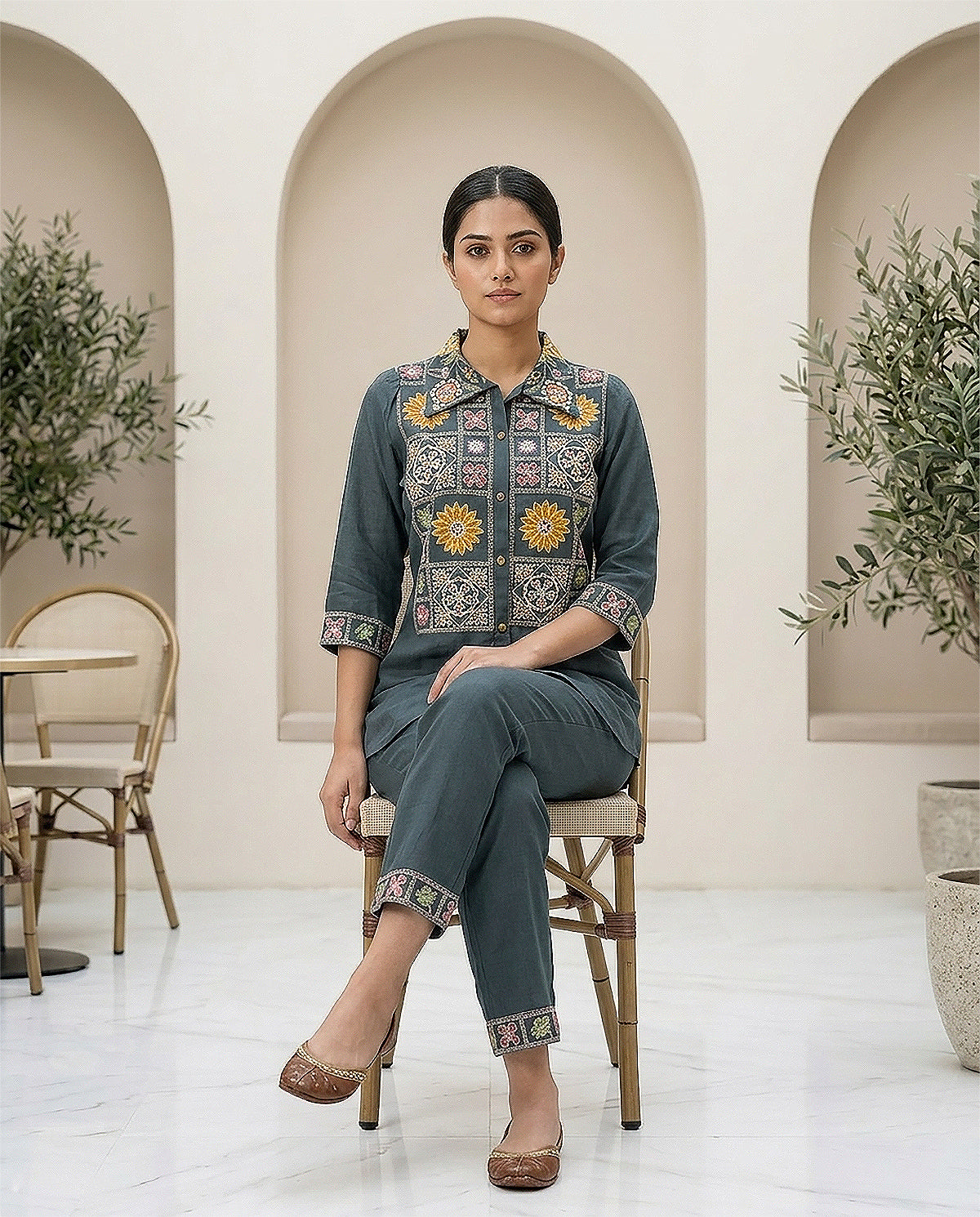Dark Grey Cotton Embroidery & Moti Work Co-ord Set for Women