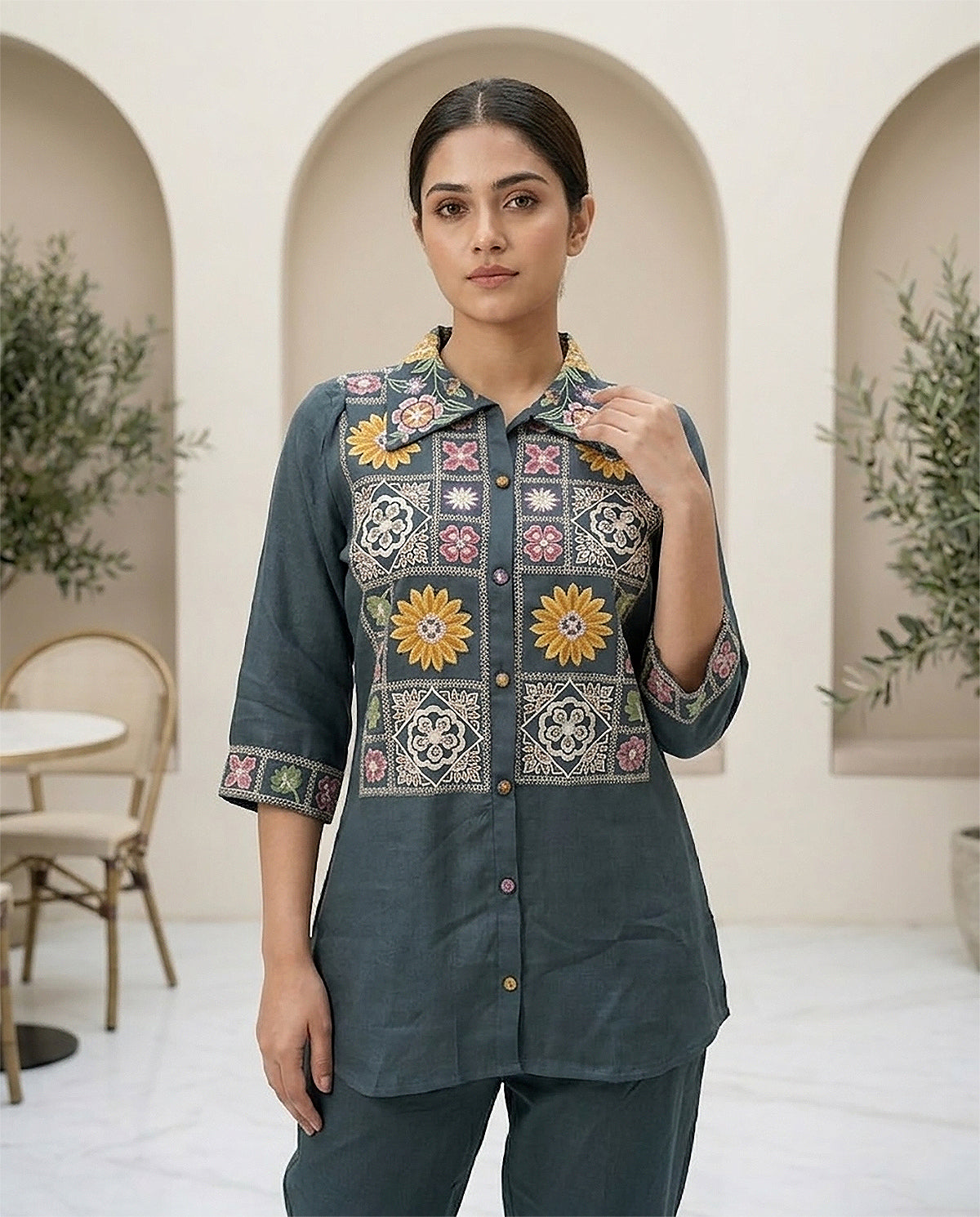 Dark Grey Cotton Embroidery & Moti Work Co-ord Set for Women