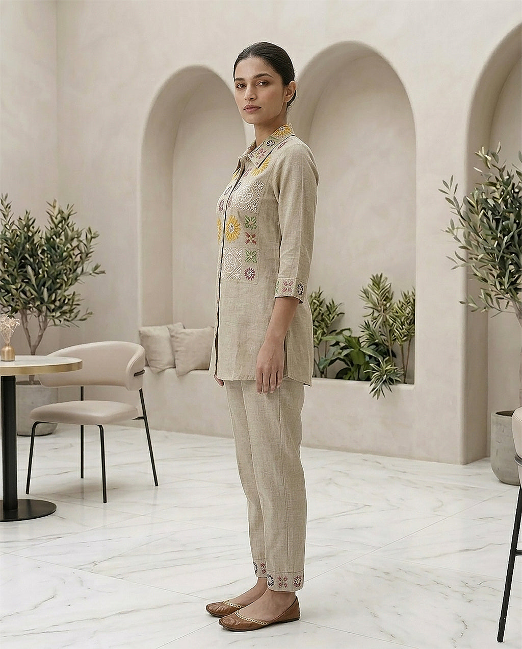 Beige Cotton Embroidery & Moti Work Co-ord Set for Women