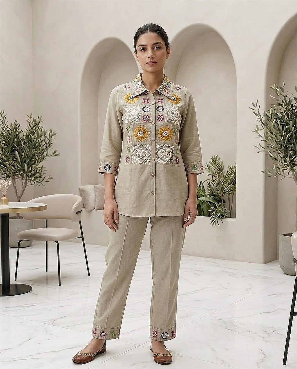 Beige Cotton Embroidery & Moti Work Co-ord Set for Women