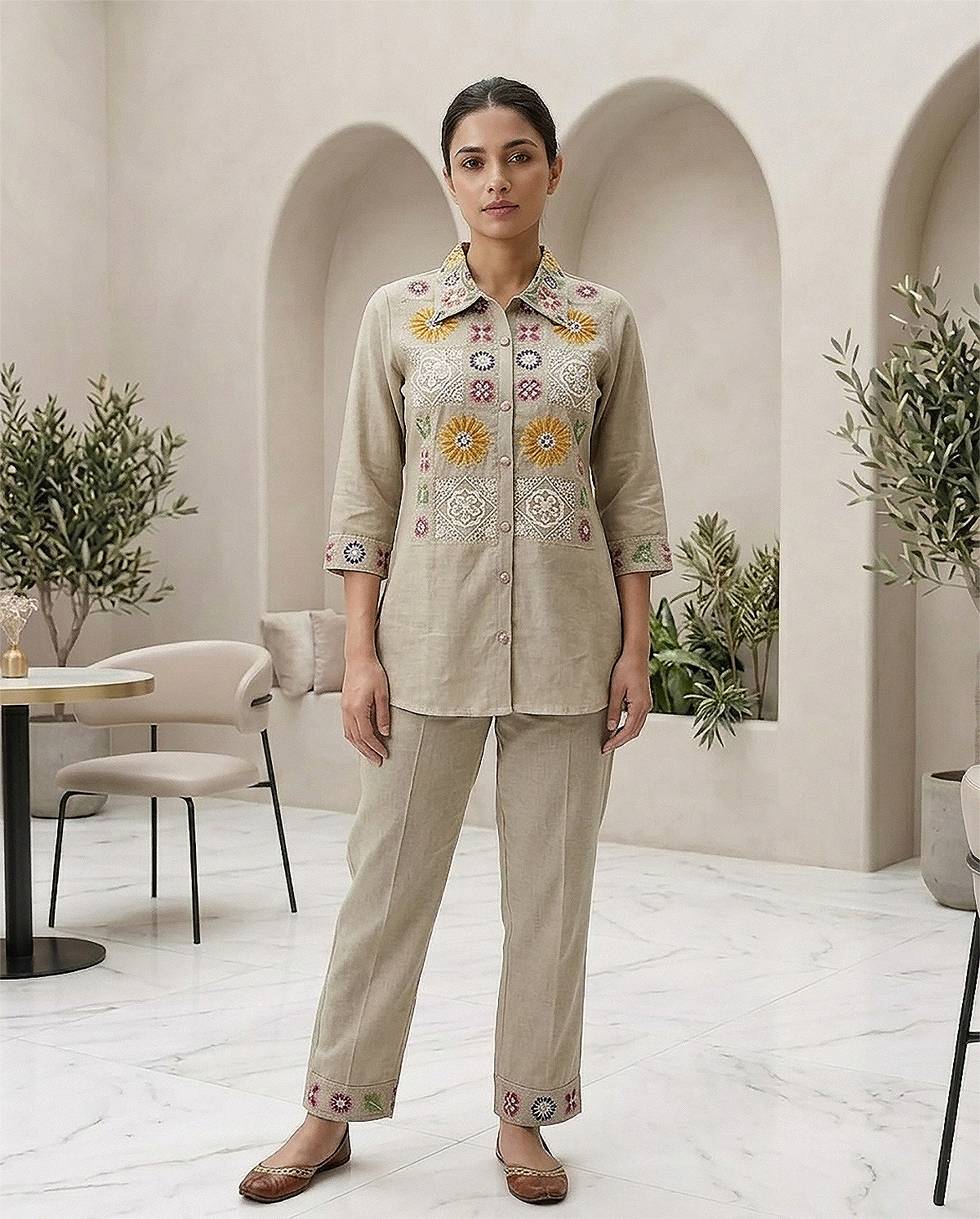 Beige Cotton Embroidery & Moti Work Co-ord Set for Women