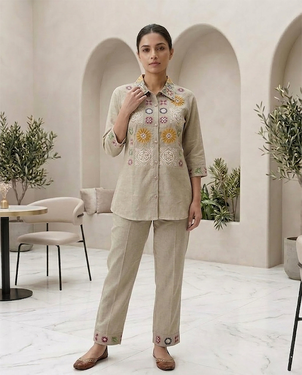 Beige Cotton Embroidery & Moti Work Co-ord Set for Women