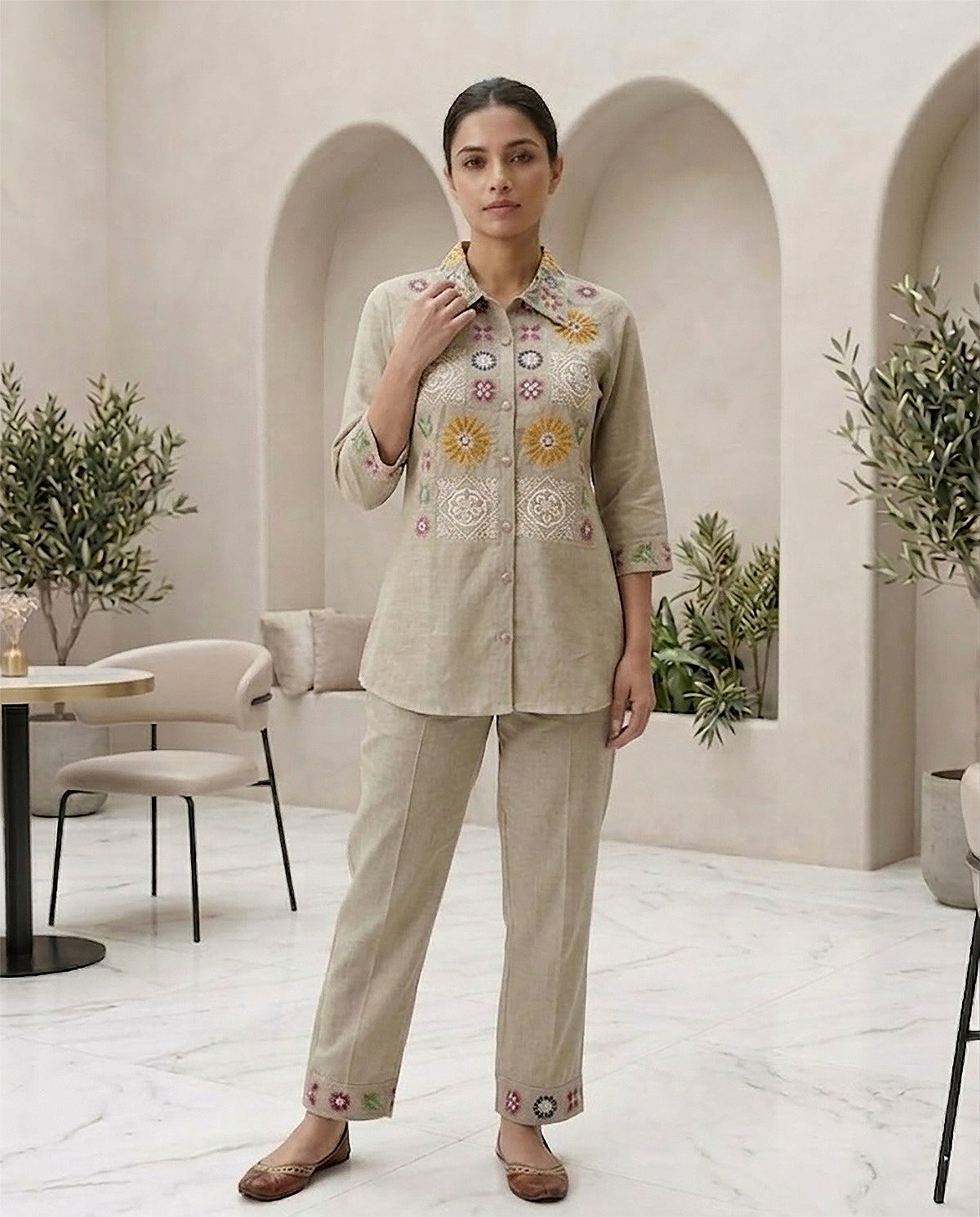 Beige Cotton Embroidery & Moti Work Co-ord Set for Women
