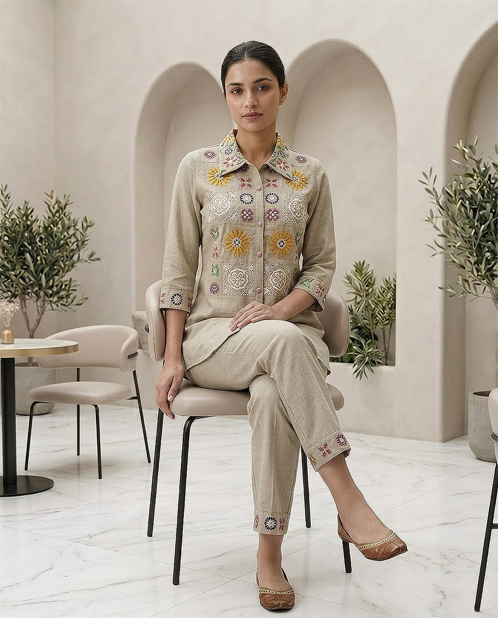 Beige Cotton Embroidery & Moti Work Co-ord Set for Women