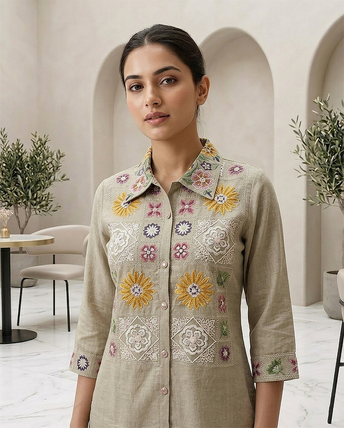 Beige Cotton Embroidery & Moti Work Co-ord Set for Women
