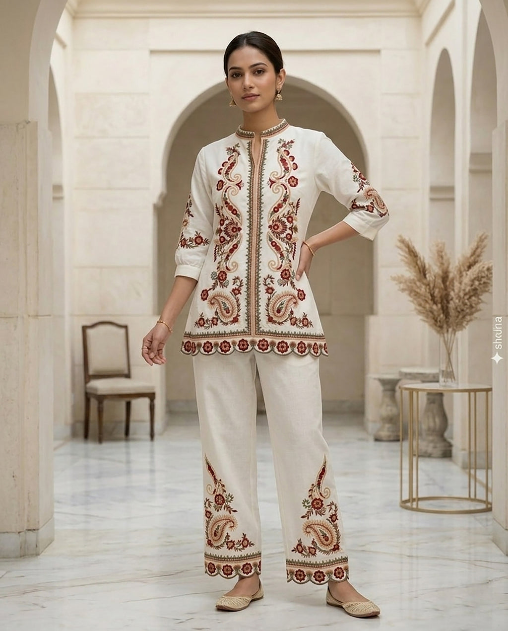 Red & White Rayon Embroidered Co-ord Set for Women