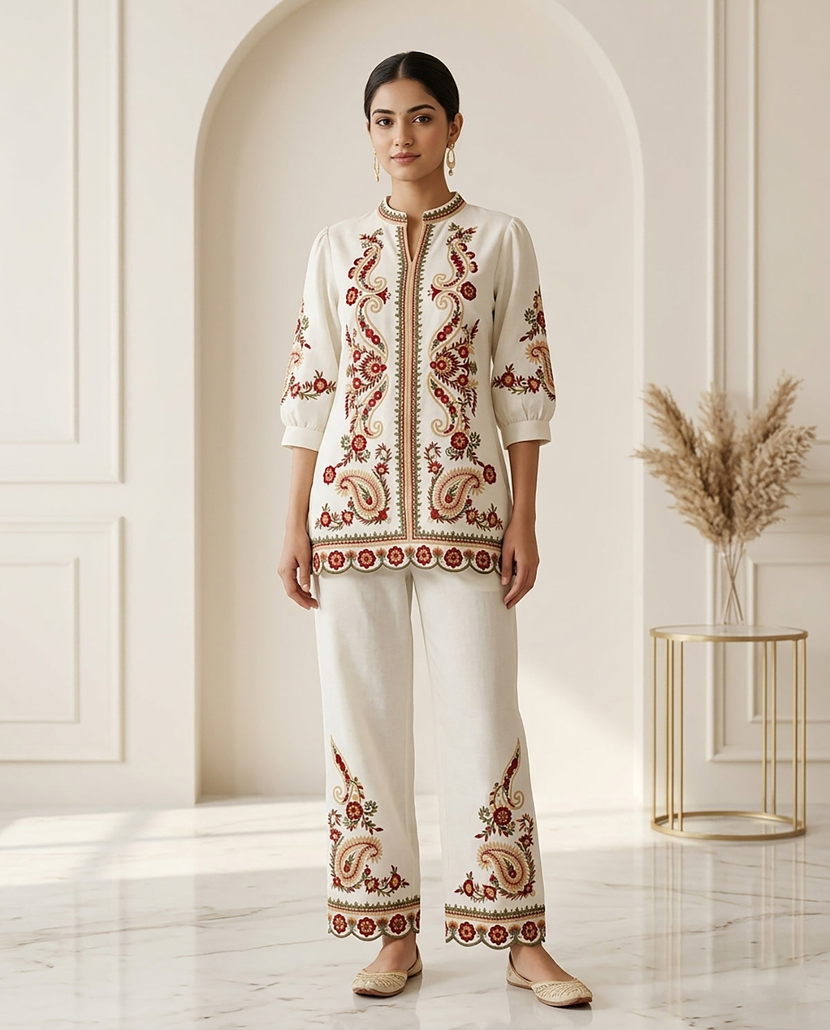 Red & White Rayon Embroidered Co-ord Set for Women