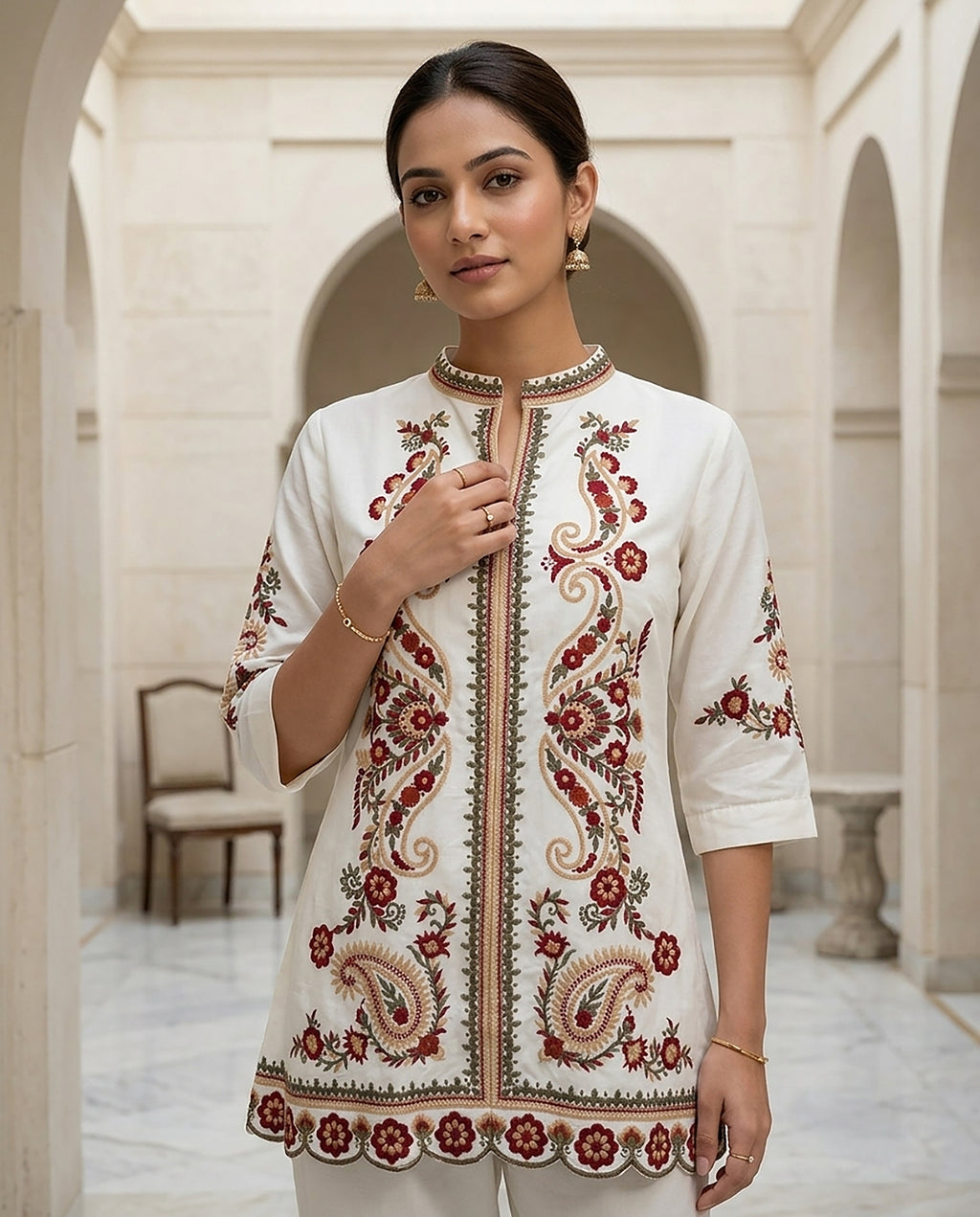 Red & White Rayon Embroidered Co-ord Set for Women