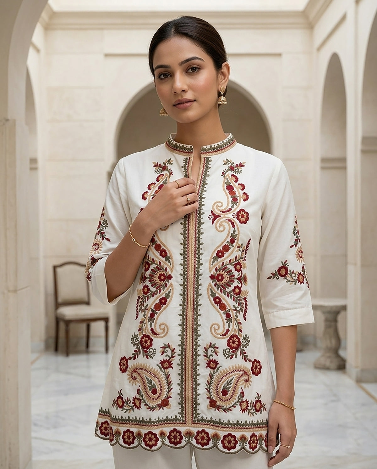 Red & White Rayon Embroidered Co-ord Set for Women