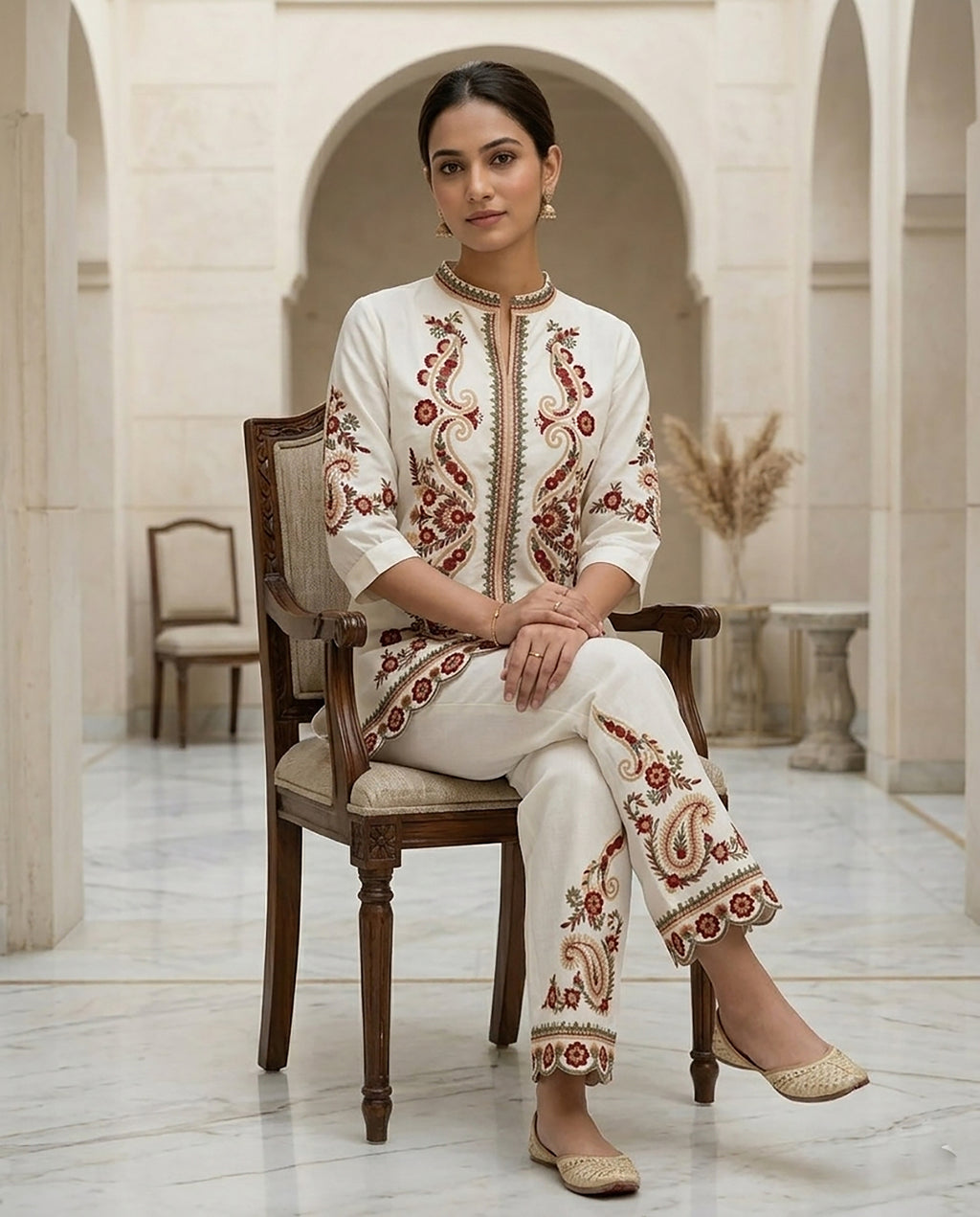 Red & White Rayon Embroidered Co-ord Set for Women