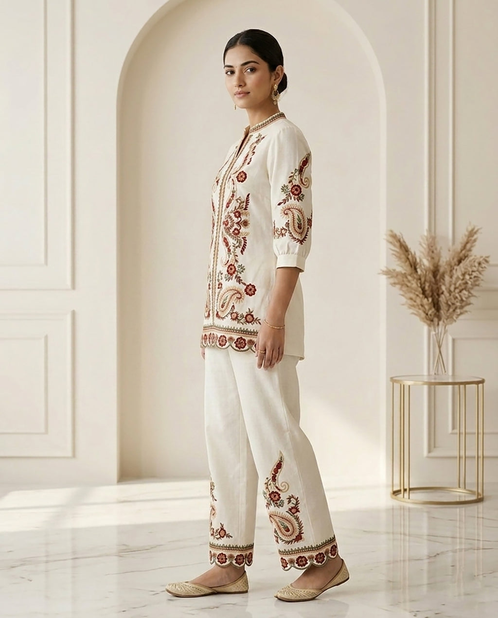 Red & White Rayon Embroidered Co-ord Set for Women