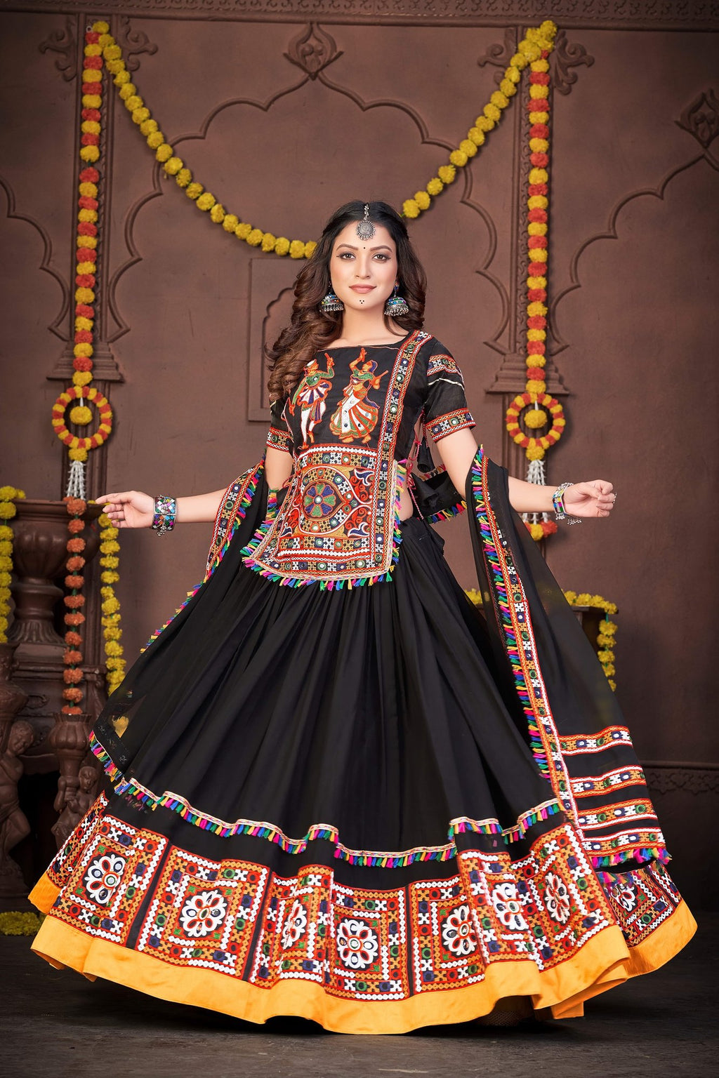 Women's Black Georgette Traditional Kutchi Embroidery with Mirror Work Semi Stitched Lehenga Choli With Dupatta (Nav_02_Black)