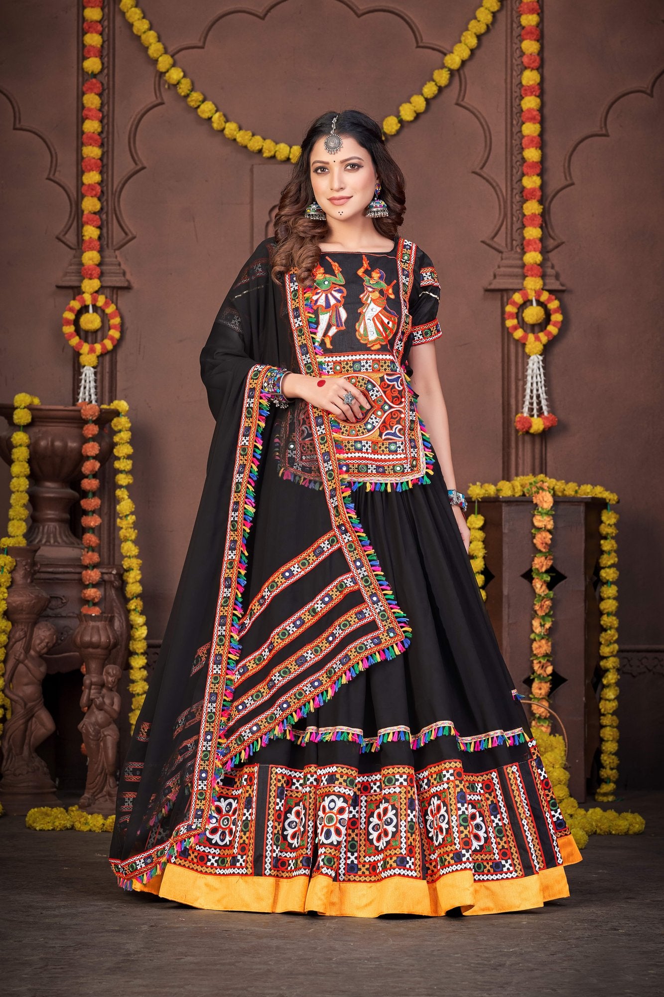 Women's Black Georgette Traditional Kutchi Embroidery with Mirror Work Semi Stitched Lehenga Choli With Dupatta (Nav_02_Black)