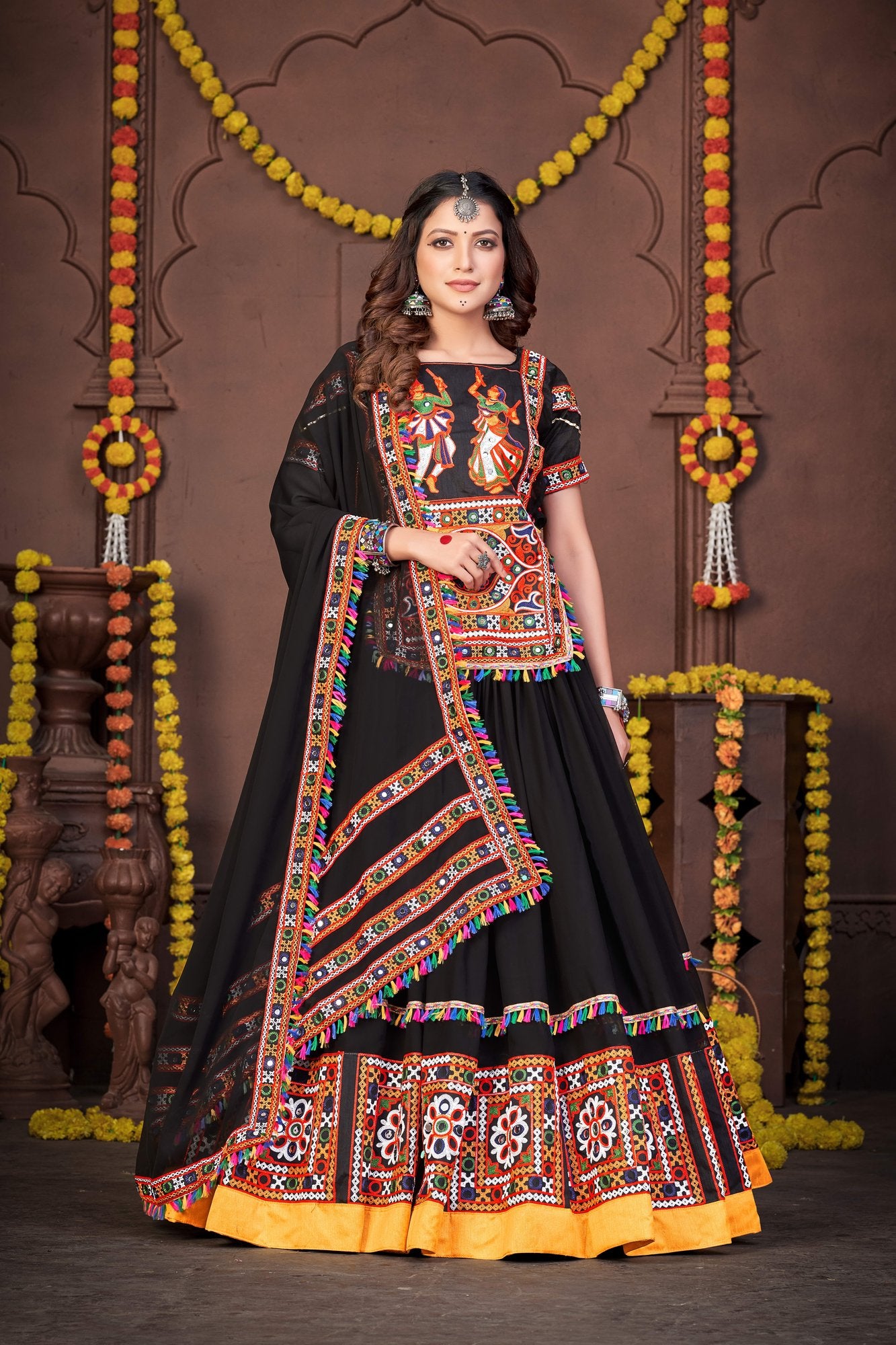 Women's Black Georgette Traditional Kutchi Embroidery with Mirror Work Semi Stitched Lehenga Choli With Dupatta (Nav_02_Black)