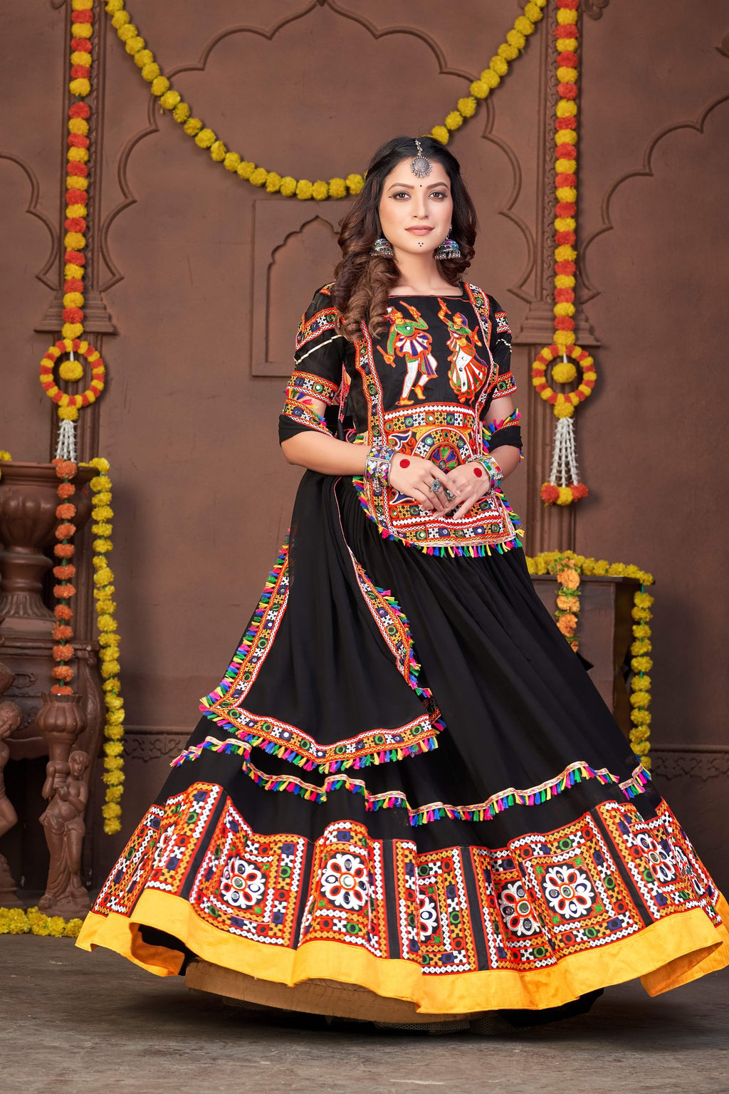 Women's Black Georgette Traditional Kutchi Embroidery with Mirror Work Semi Stitched Lehenga Choli With Dupatta (Nav_02_Black)