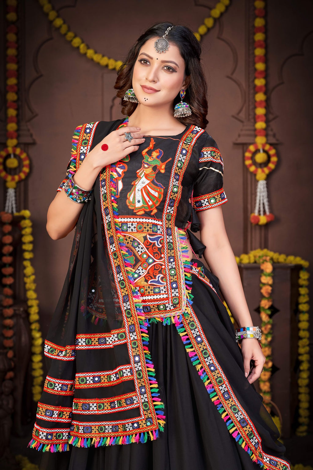 Women's Black Georgette Traditional Kutchi Embroidery with Mirror Work Semi Stitched Lehenga Choli With Dupatta (Nav_02_Black)