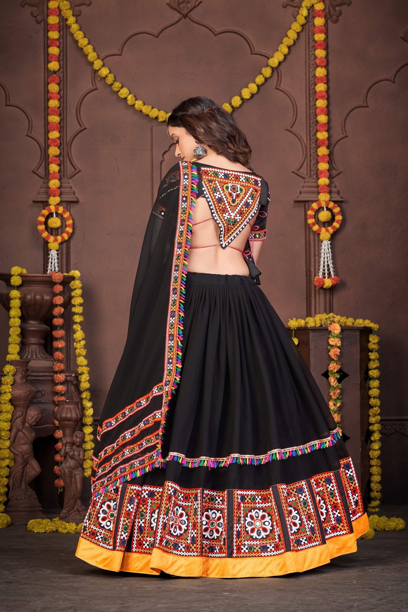 Women's Black Georgette Traditional Kutchi Embroidery with Mirror Work Semi Stitched Lehenga Choli With Dupatta (Nav_02_Black)