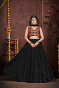 Women's Black French Crepe Traditional Kutchi Embroidery with Mirror Work Semi Stitched Lehenga Choli With Dupatta (Nav_03_Black)