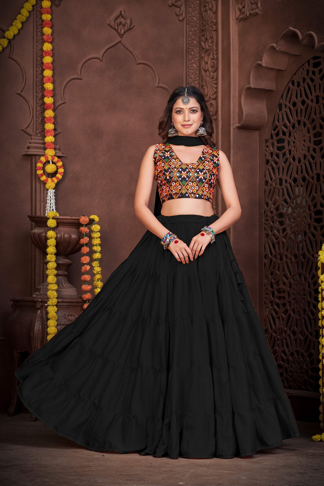 Women's Black French Crepe Traditional Kutchi Embroidery with Mirror Work Semi Stitched Lehenga Choli With Dupatta (Nav_03_Black)