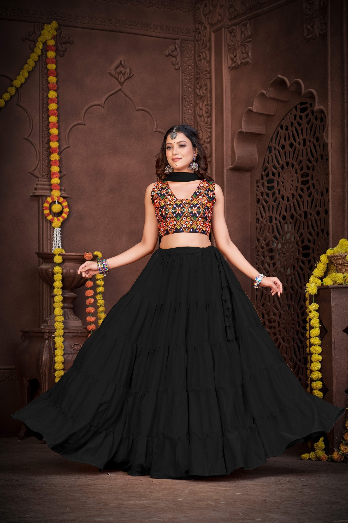 Women's Black French Crepe Traditional Kutchi Embroidery with Mirror Work Semi Stitched Lehenga Choli With Dupatta (Nav_03_Black)
