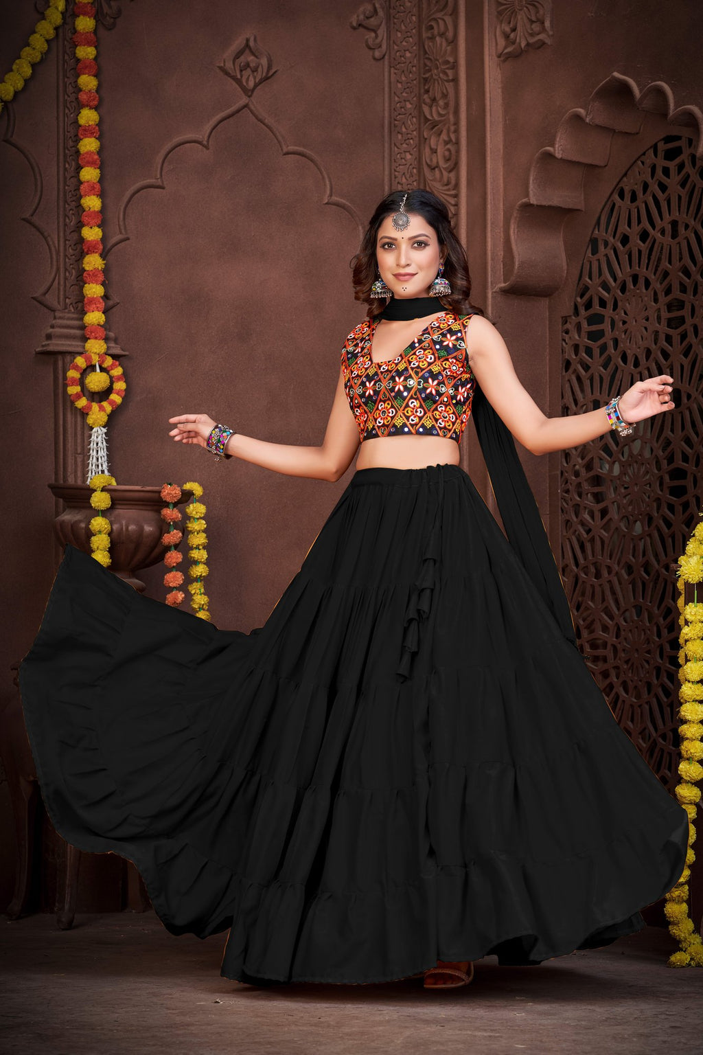 Women's Black French Crepe Traditional Kutchi Embroidery with Mirror Work Semi Stitched Lehenga Choli With Dupatta (Nav_03_Black)