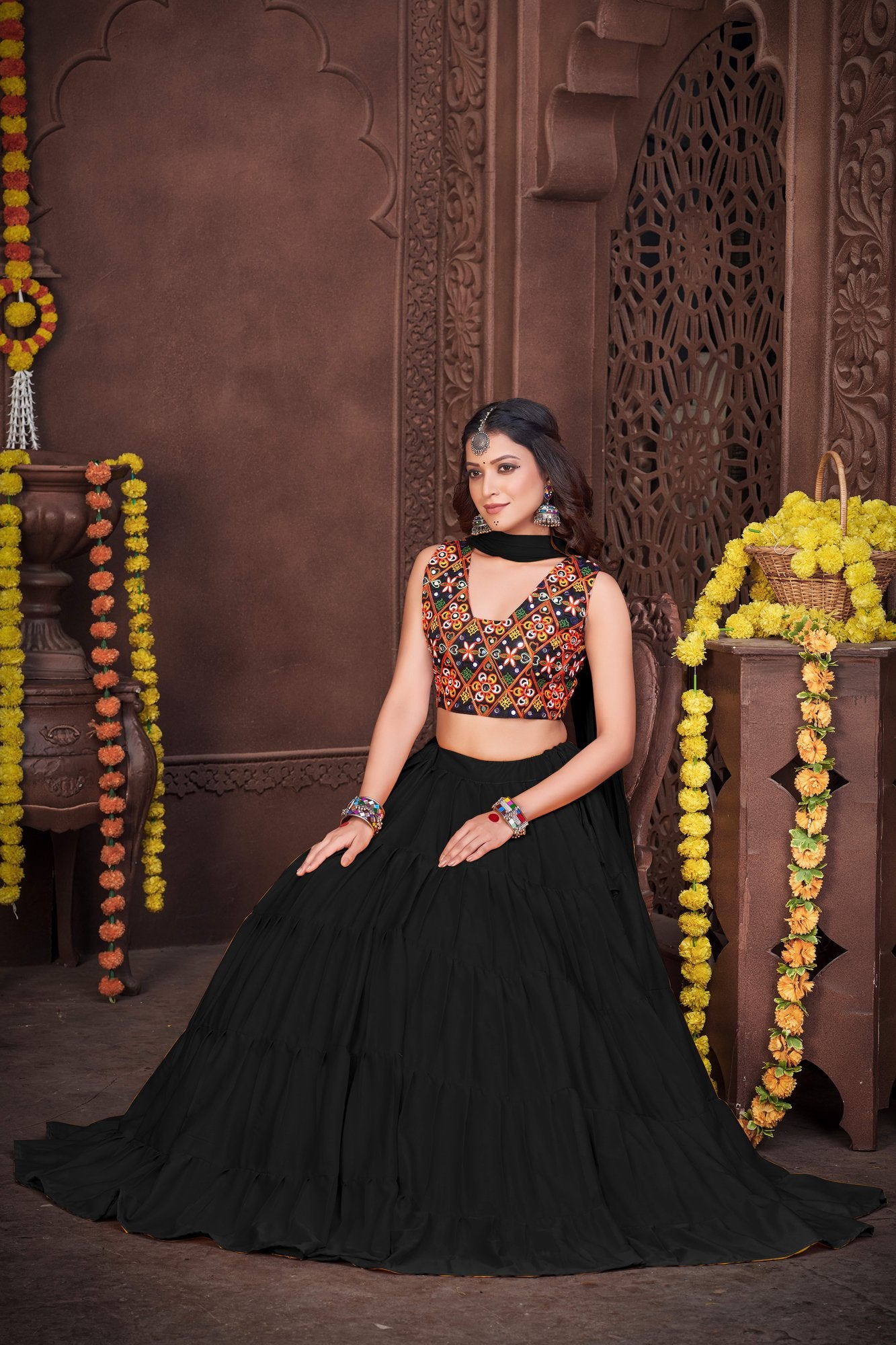 Women's Black French Crepe Traditional Kutchi Embroidery with Mirror Work Semi Stitched Lehenga Choli With Dupatta (Nav_03_Black)