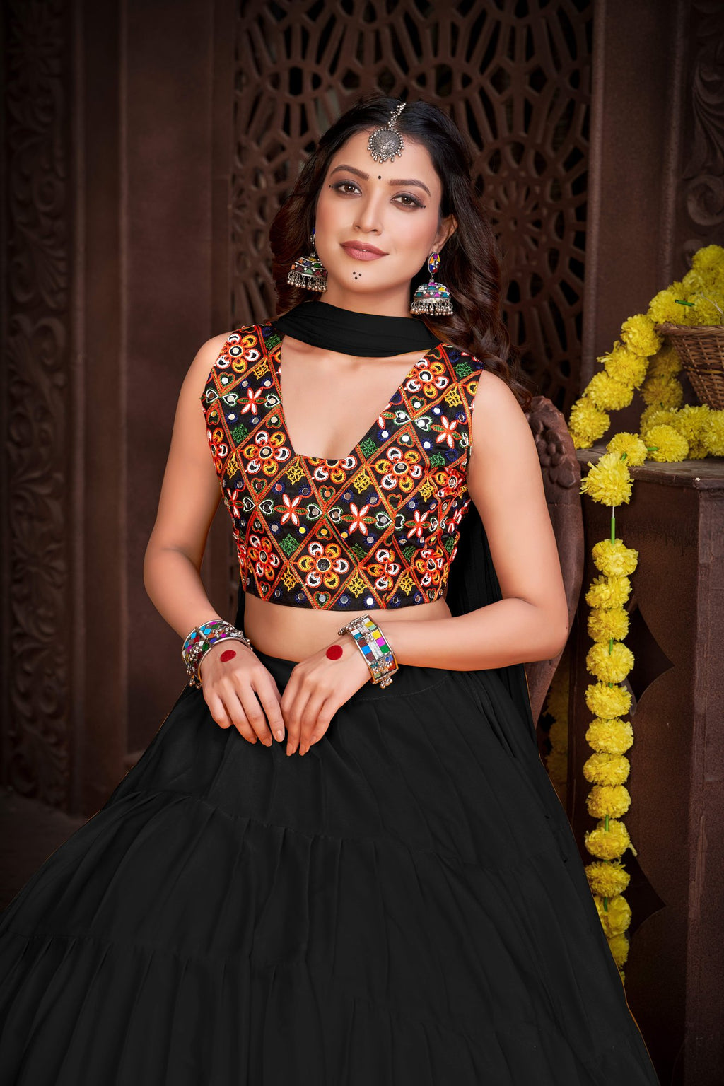 Women's Black French Crepe Traditional Kutchi Embroidery with Mirror Work Semi Stitched Lehenga Choli With Dupatta (Nav_03_Black)