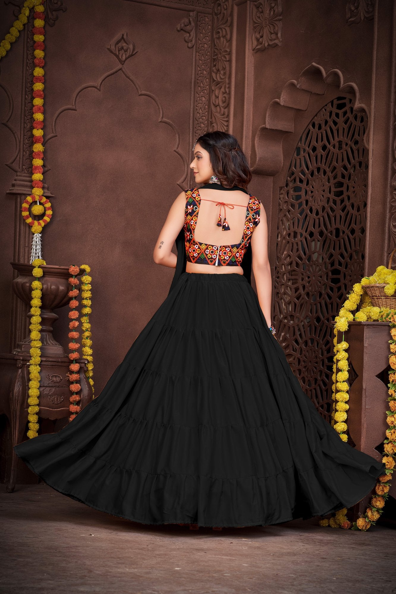 Women's Black French Crepe Traditional Kutchi Embroidery with Mirror Work Semi Stitched Lehenga Choli With Dupatta (Nav_03_Black)