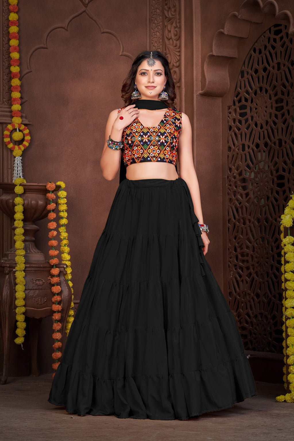 Women's Black French Crepe Traditional Kutchi Embroidery with Mirror Work Semi Stitched Lehenga Choli With Dupatta (Nav_03_Black)