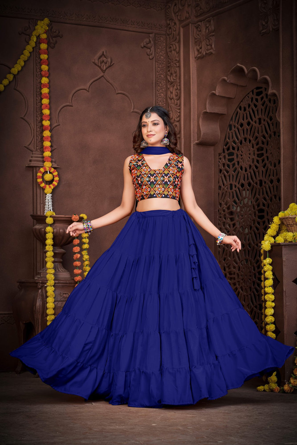 Women's Blue French Crepe Traditional Kutchi Embroidery with Mirror Work Semi Stitched Lehenga Choli With Dupatta (Nav_03_Blue)