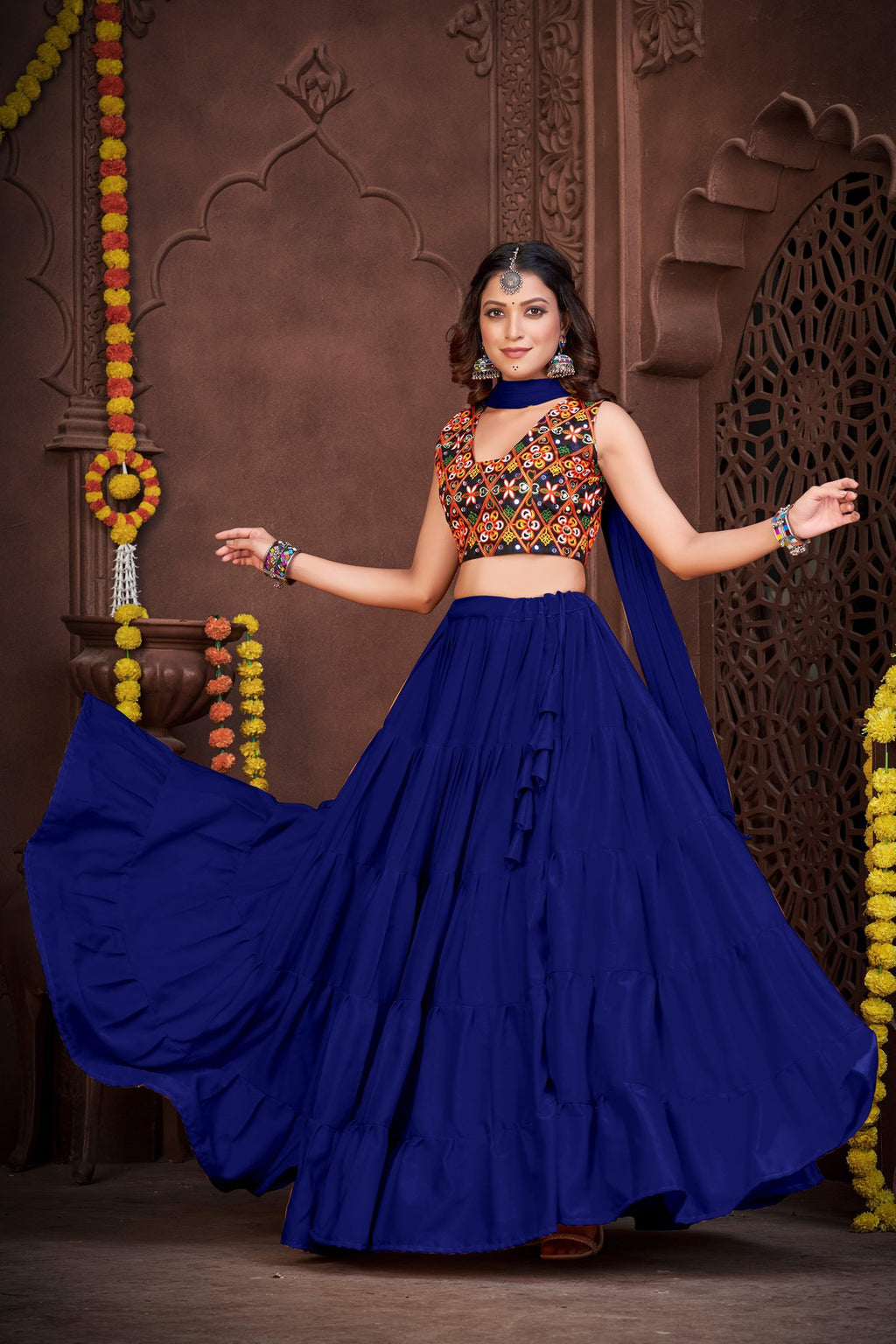 Women's Blue French Crepe Traditional Kutchi Embroidery with Mirror Work Semi Stitched Lehenga Choli With Dupatta (Nav_03_Blue)