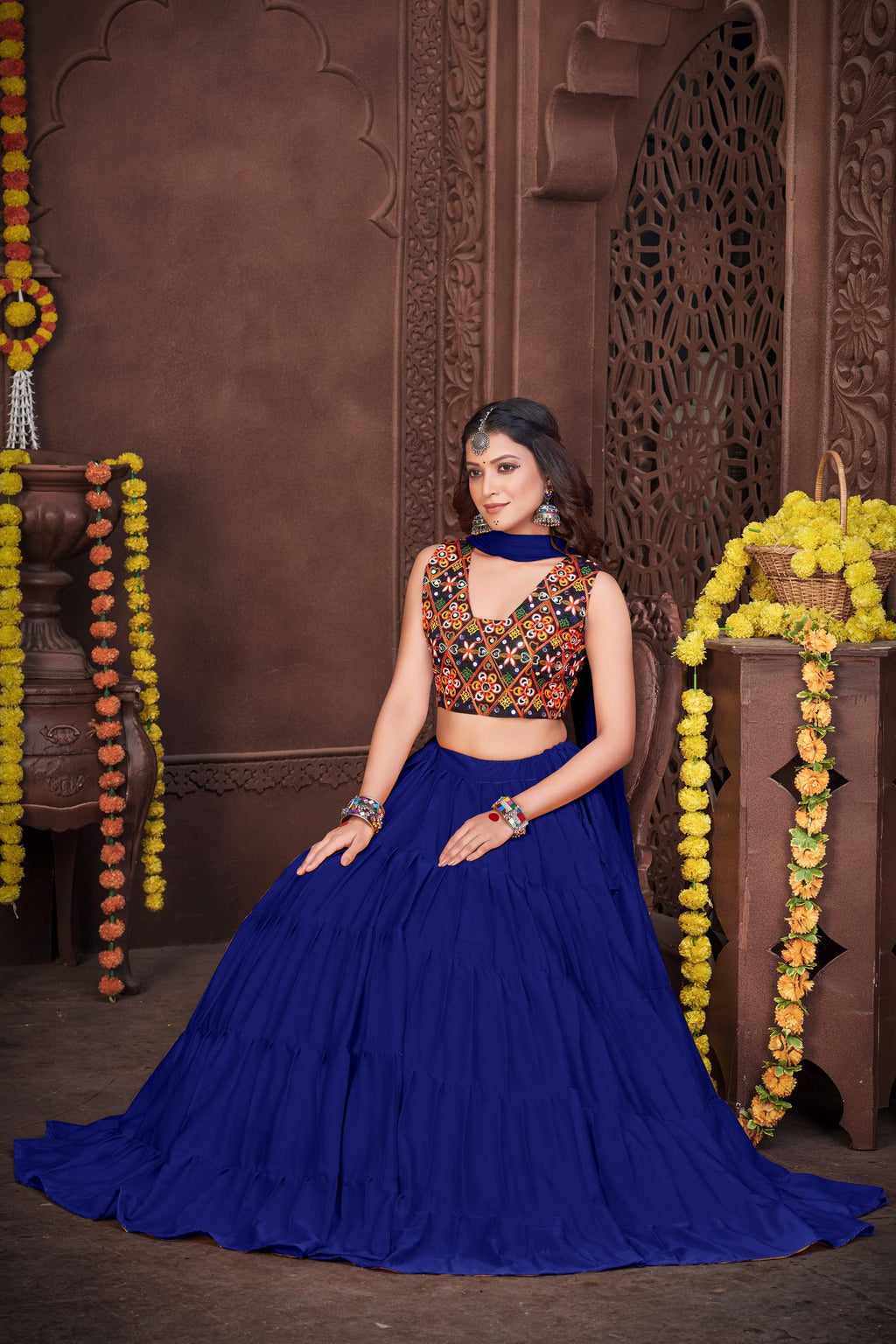 Women's Blue French Crepe Traditional Kutchi Embroidery with Mirror Work Semi Stitched Lehenga Choli With Dupatta (Nav_03_Blue)