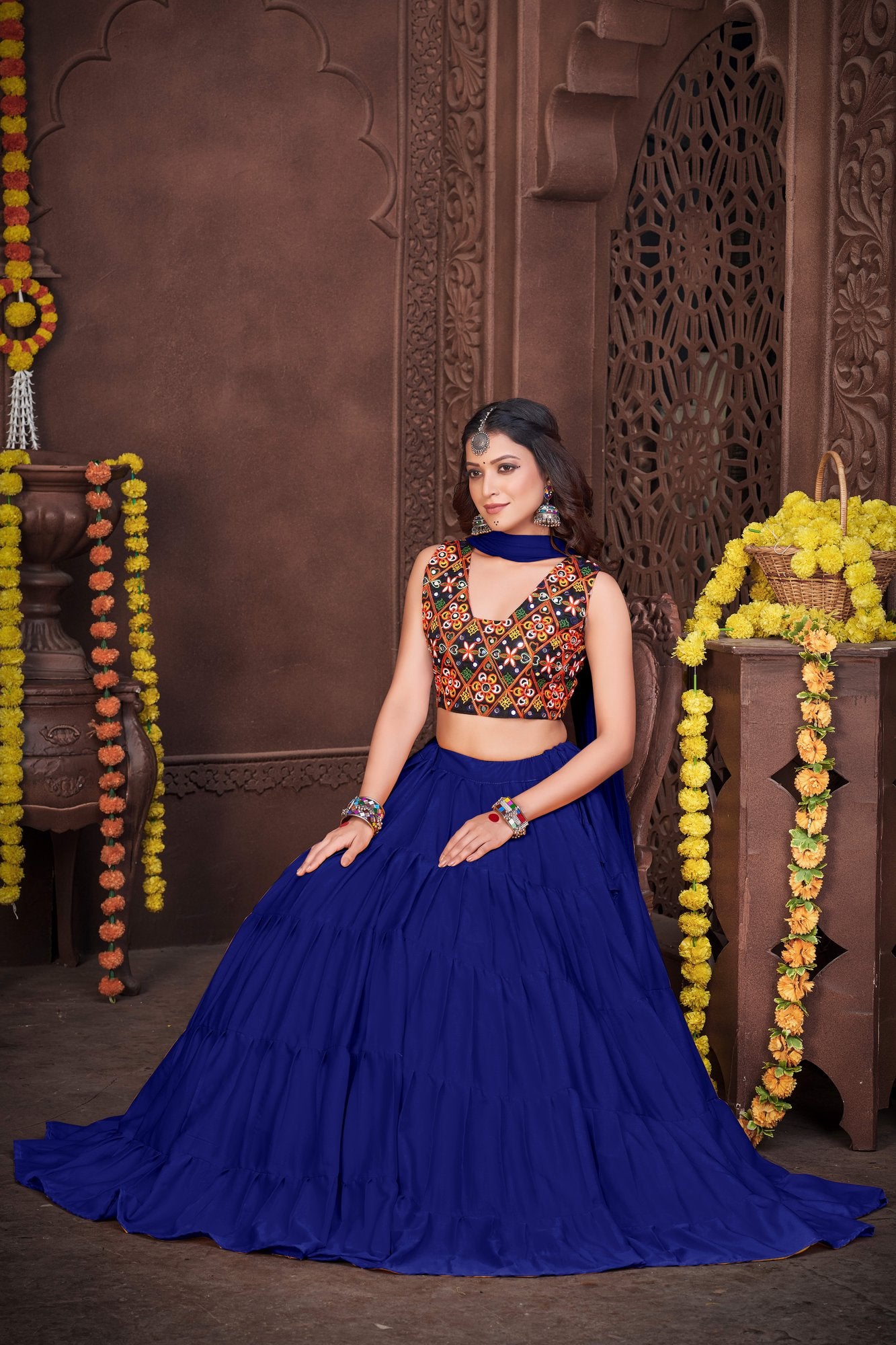 Women's Blue French Crepe Traditional Kutchi Embroidery with Mirror Work Semi Stitched Lehenga Choli With Dupatta (Nav_03_Blue)