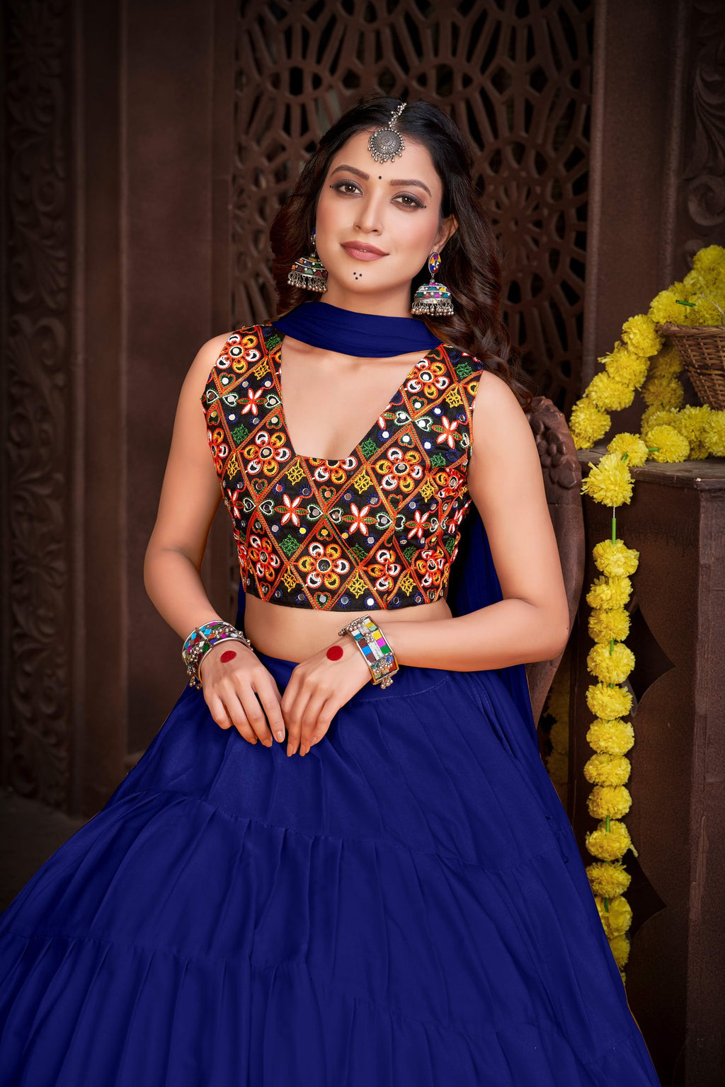 Women's Blue French Crepe Traditional Kutchi Embroidery with Mirror Work Semi Stitched Lehenga Choli With Dupatta (Nav_03_Blue)