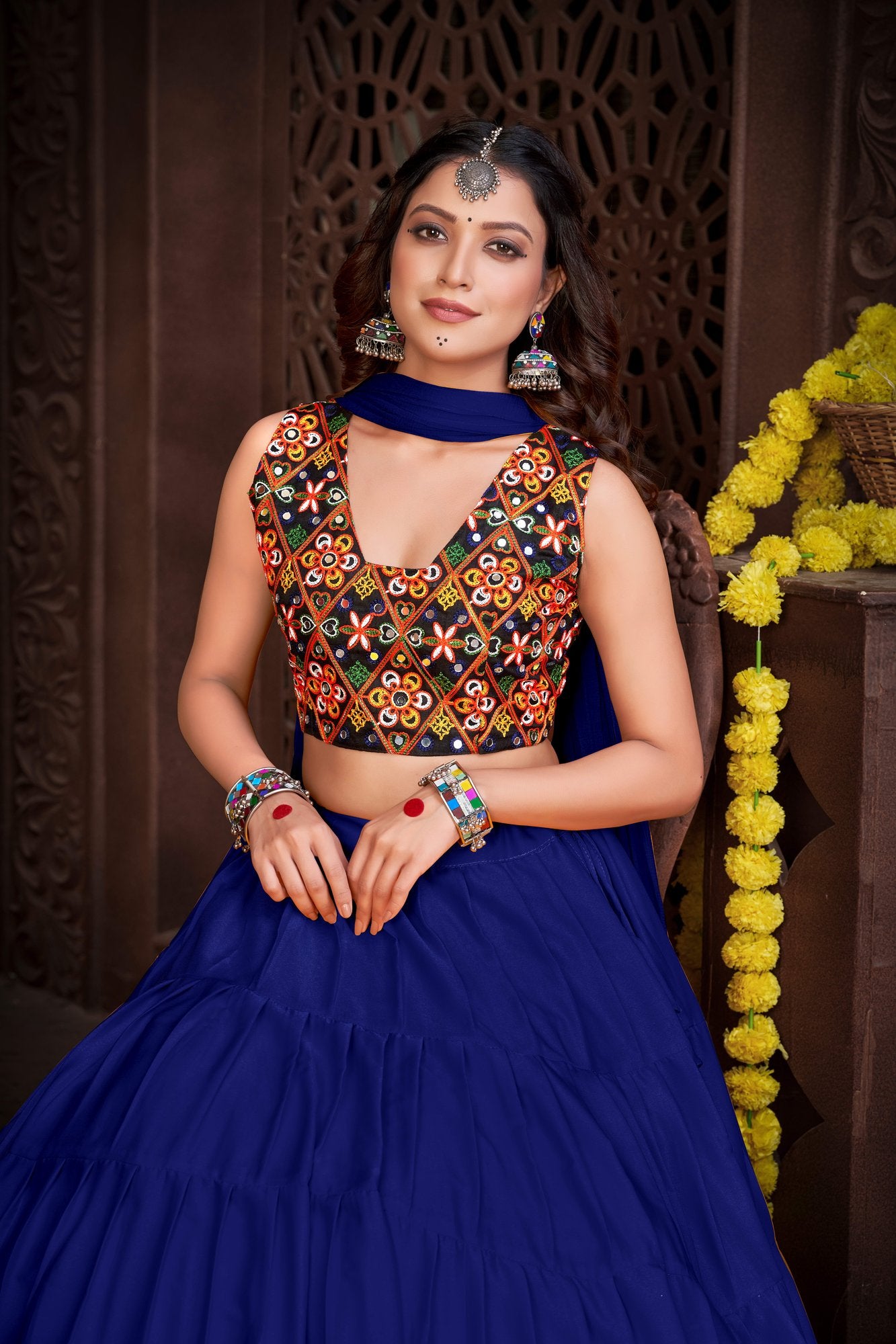 Women's Blue French Crepe Traditional Kutchi Embroidery with Mirror Work Semi Stitched Lehenga Choli With Dupatta (Nav_03_Blue)