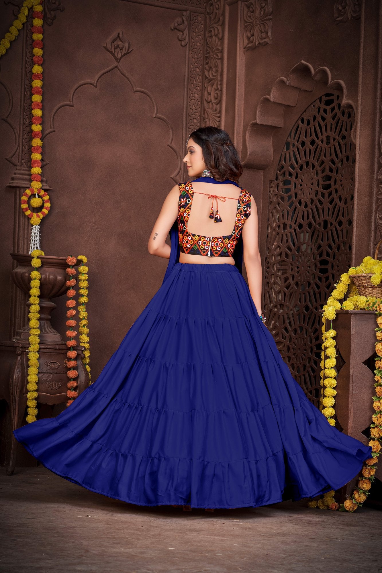Women's Blue French Crepe Traditional Kutchi Embroidery with Mirror Work Semi Stitched Lehenga Choli With Dupatta (Nav_03_Blue)