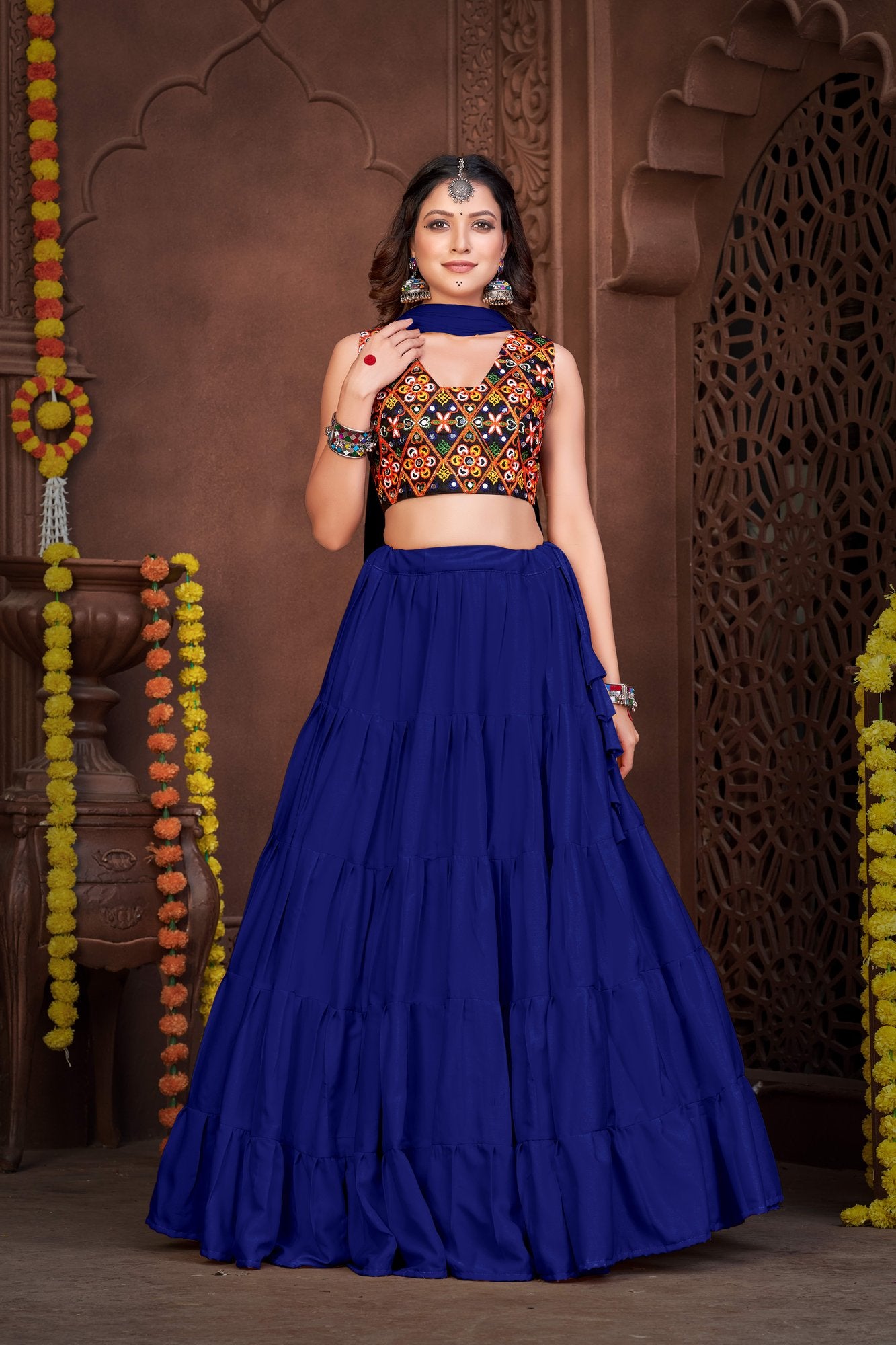 Women's Blue French Crepe Traditional Kutchi Embroidery with Mirror Work Semi Stitched Lehenga Choli With Dupatta (Nav_03_Blue)