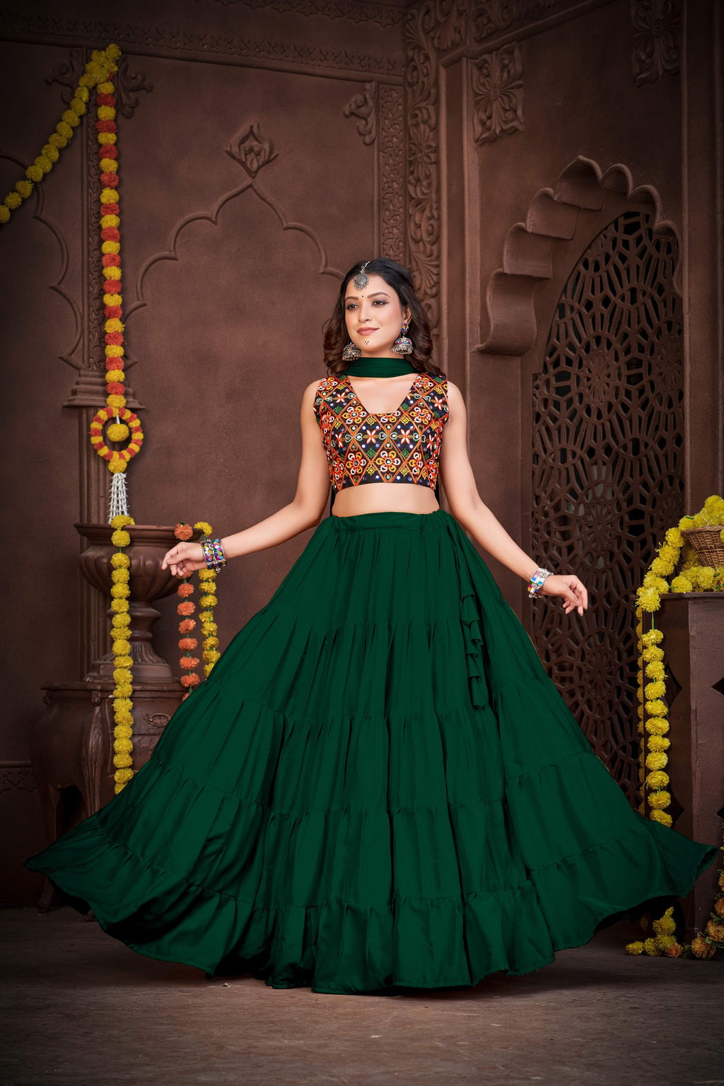 Women's Green French Crepe Traditional Kutchi Embroidery with Mirror Work Semi Stitched Lehenga Choli With Dupatta (Nav_03_Green)